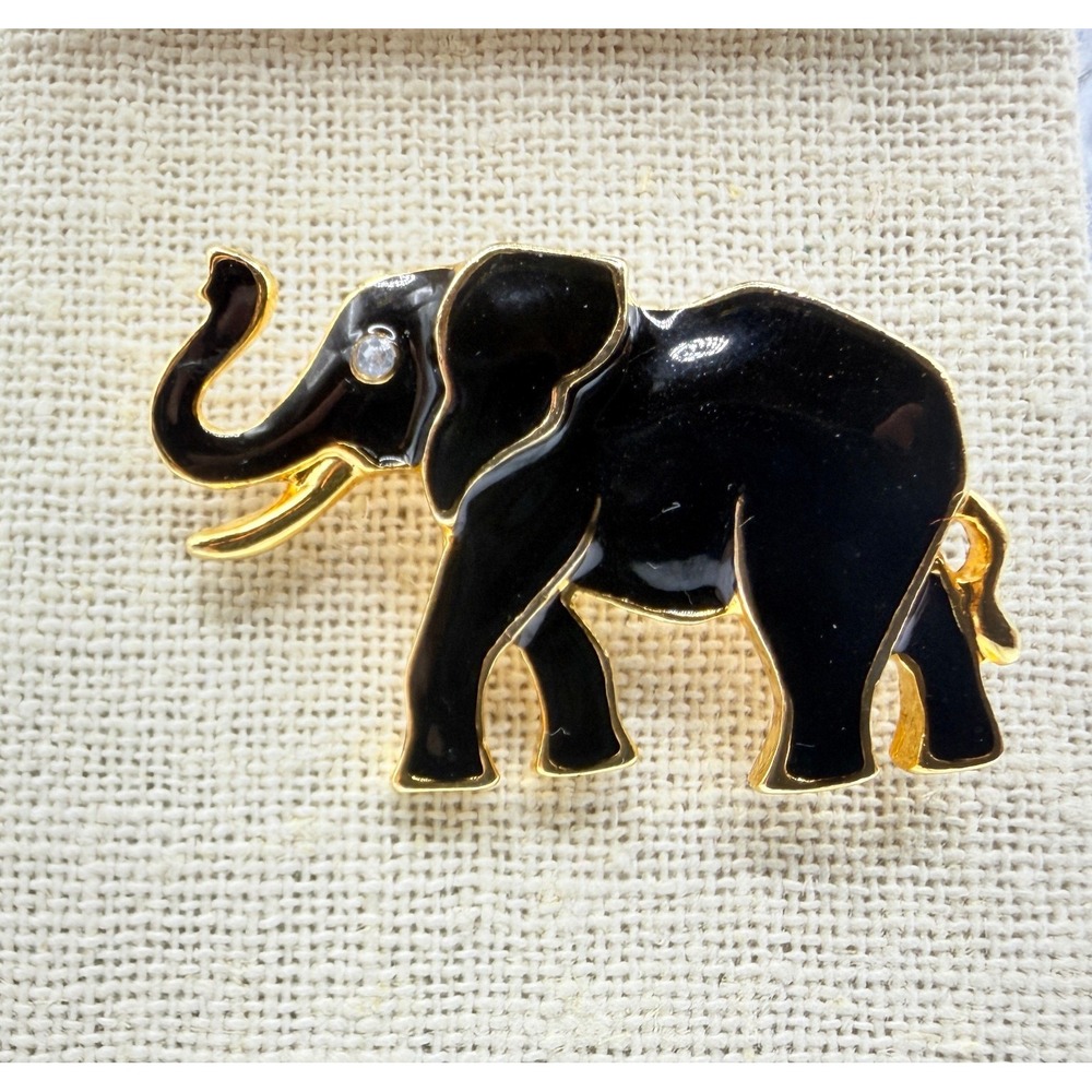 Black Enamel Elephant Brooch Gold Tone Rhinestone Eye Figural Animal Pin